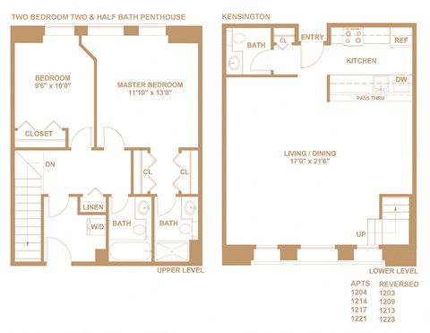 Floor plan for 2 beds, 2.5 baths, 1460 sqft